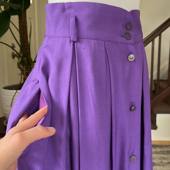Vintage High Waisted Button Front Pleated A-Line Skirt Eggplant Purple - Picture 5 of 15
